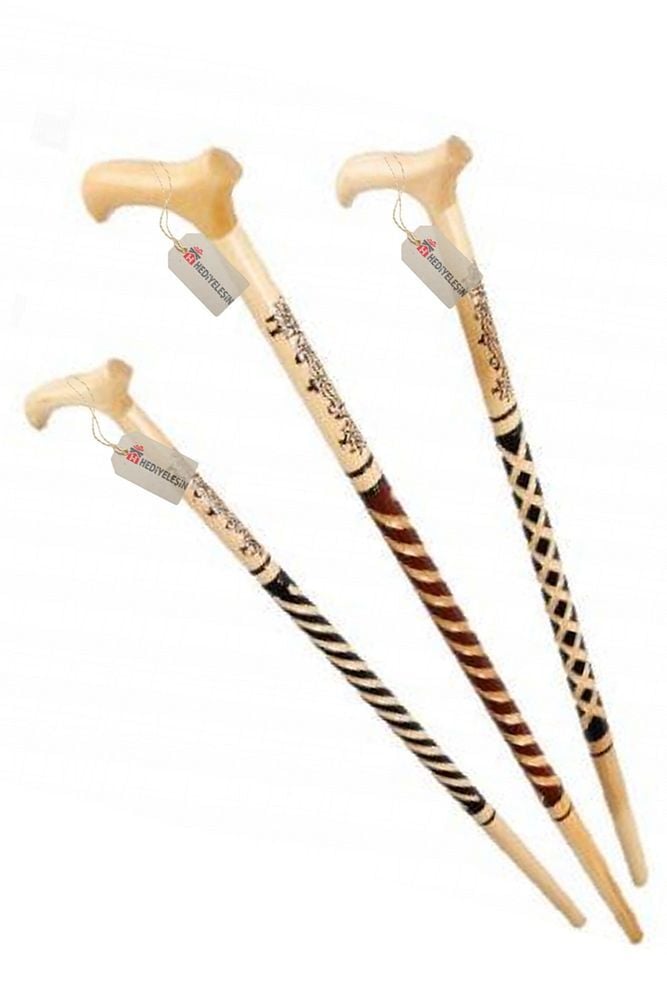 Ahşap İşlemeli Model Baston, Asa, Ağaç Baston - 90 cm - 1 ADET
